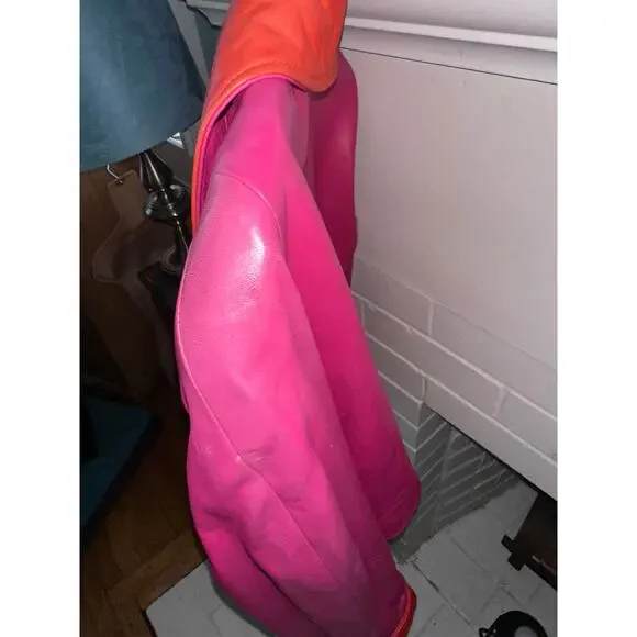 VINTAGE 80's UNWORN VAKKO PINK/ORANGE GLOVE LEATHER JACKET MOD S - Picture 8 of 11